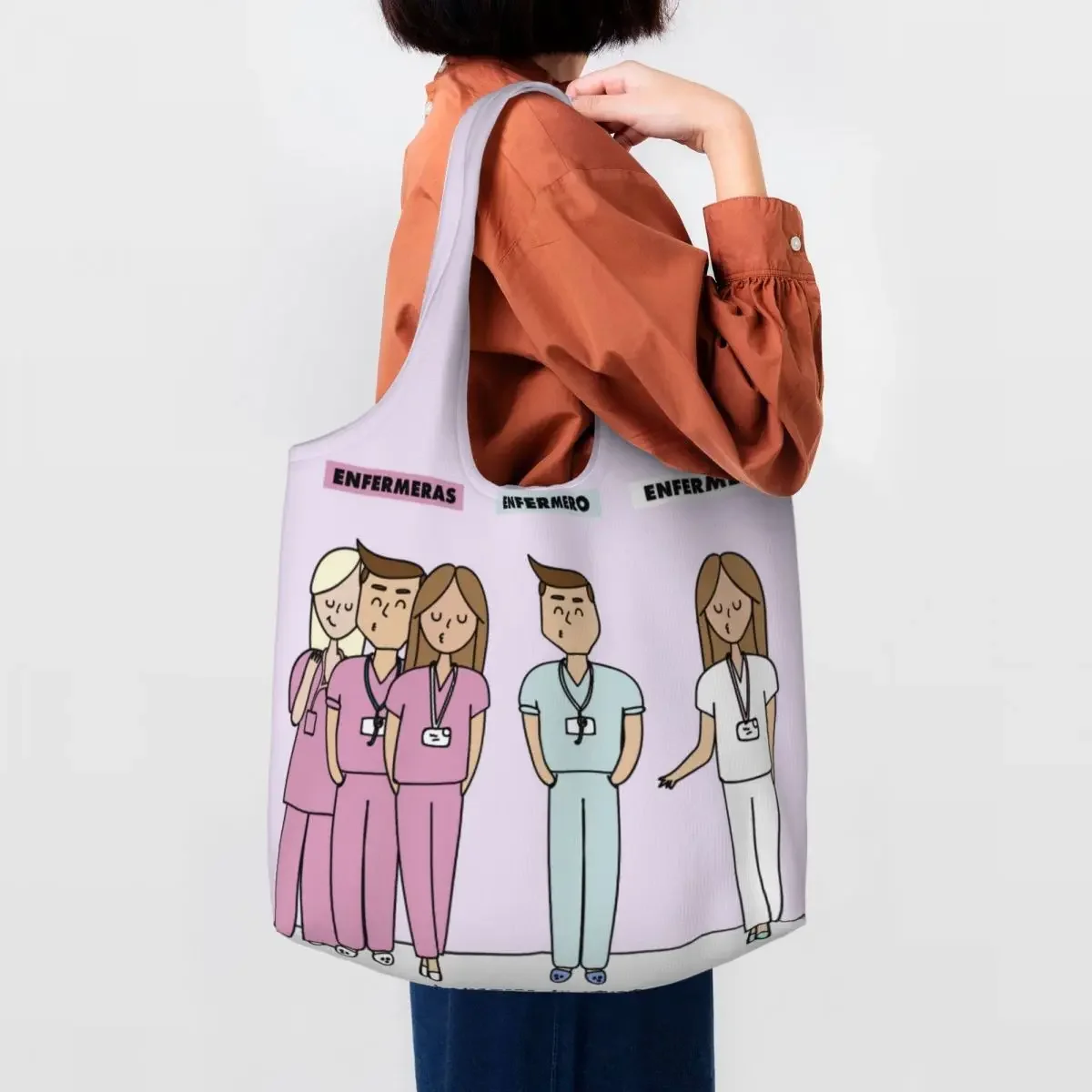 Custom Fashion Print Funny Cartoon Nurse Tote Shopping Bag Washable Canvas Shoulder Shopper Health Care Nursing Doctors Handbag