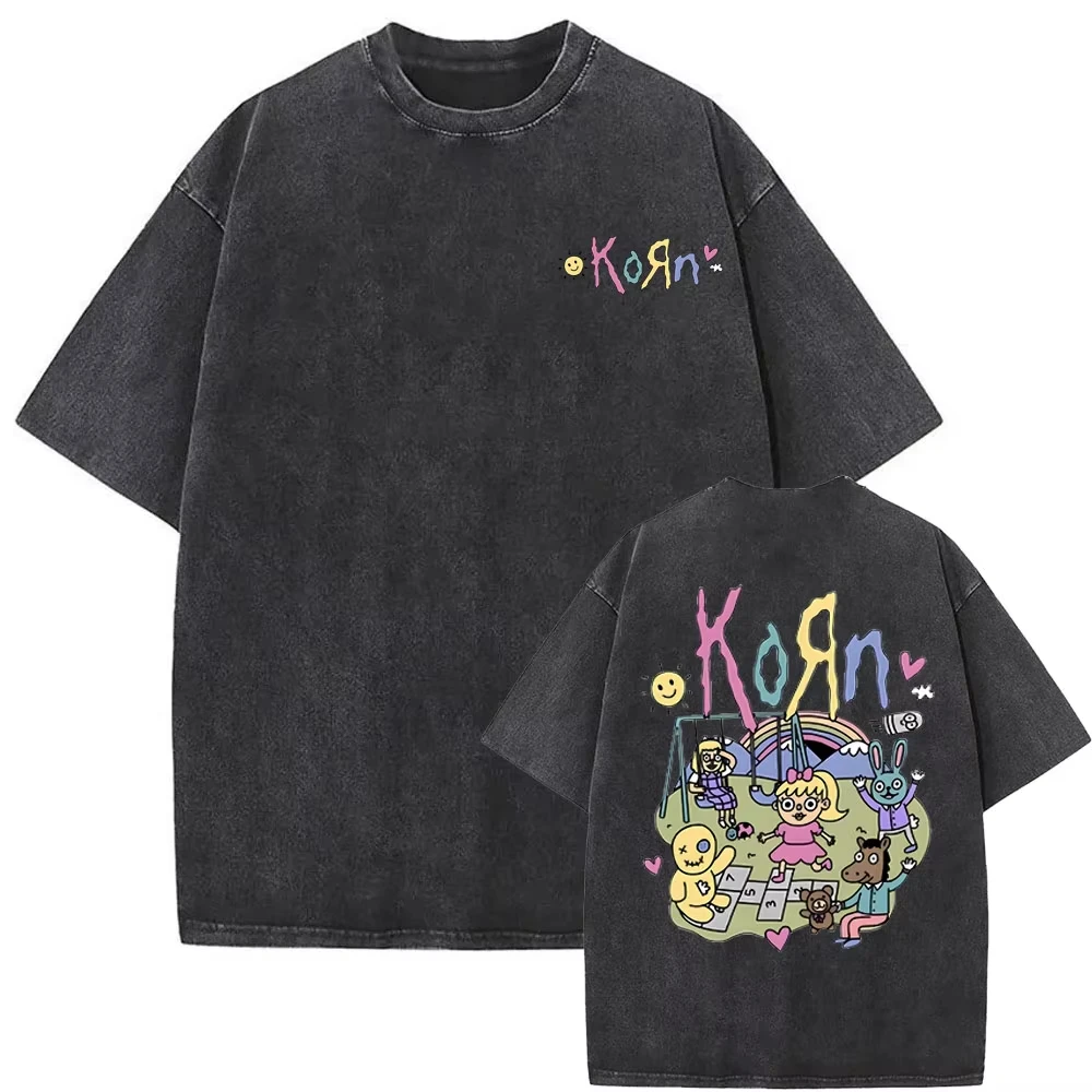 Vintage Washed Korn Follow The Leader T‑Shirt, Rock Band Gothic Oversized Casual Tees Unisex Streetwear Short Sleeve Tops