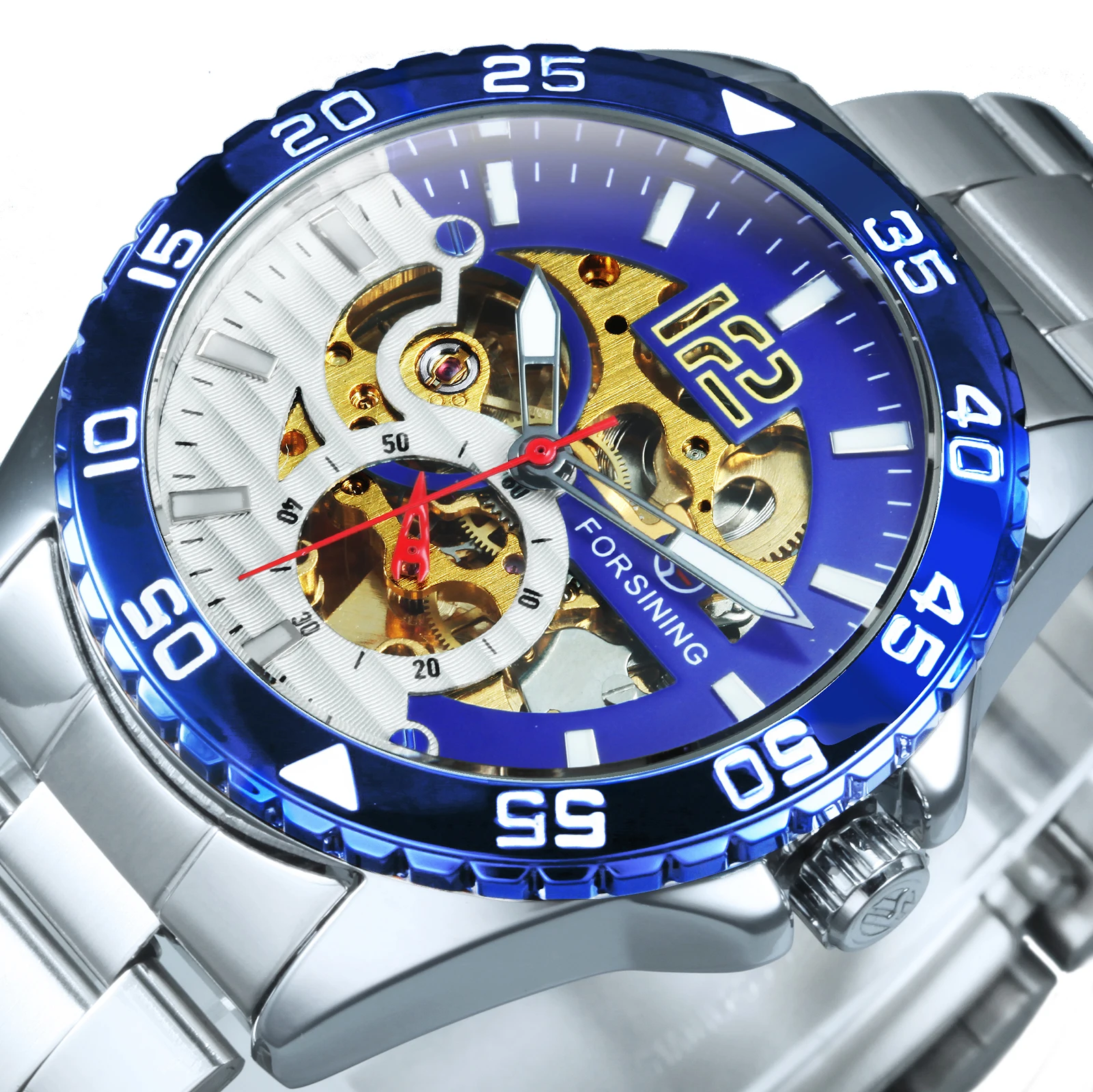 

Forsining Sports Skeleton Automatic Mechanical Watch for Men Blue Rotating Bezel Luminous Hand Mens Waches Stainless Steel Strap