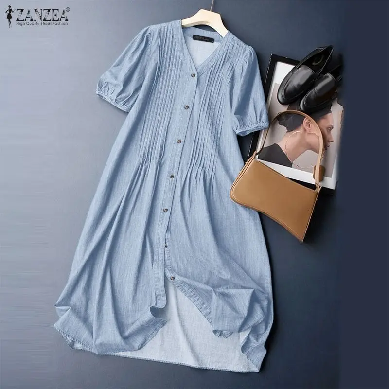 ZANZEA Women Denim Dress Fashion V-Neck Sleeve Half Sleeve Pleated Sundress Patchwork A-line Vestidos Casual Solid Color Robe