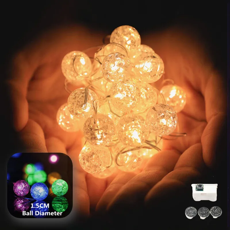 LED String Lights Button Battery-Operated Crystal Globe Lights Waterproof Solar Powered Patio Light for Christmas Room Decor