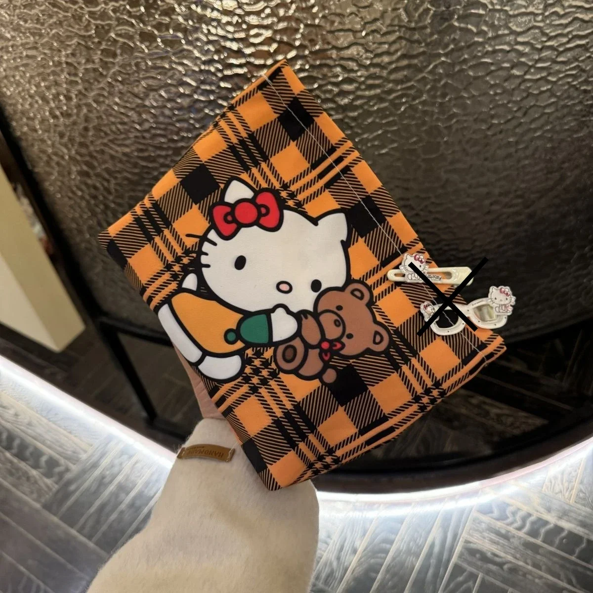 Hello Kitty Makeup Bag Miniso Cute Canvas Printed Checkered Girl Portable Mini Wallet Cartoon Lipstick Versatile Storage Bag