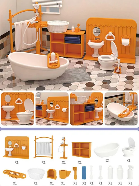 Meble do domku dla lalek zestaw łazienkowy DIY miniaturowy domek dla lalek sypialnia akcesoria kuchenne domek dla lalek urodziny dla dzieci prezenty świąteczne