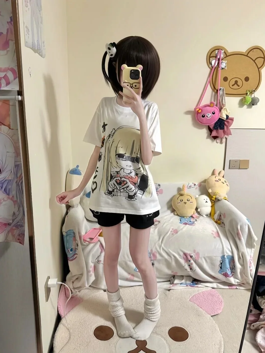 Japanisches Y2K Jirai Kei Kurzarm-T-Shirt für Damen, O-Ausschnitt, Cartoon-Print, lockeres Oberteil, reine Baumwolle, süßes Subkultur-Yami-Kawaii-Shirt – Detail 4