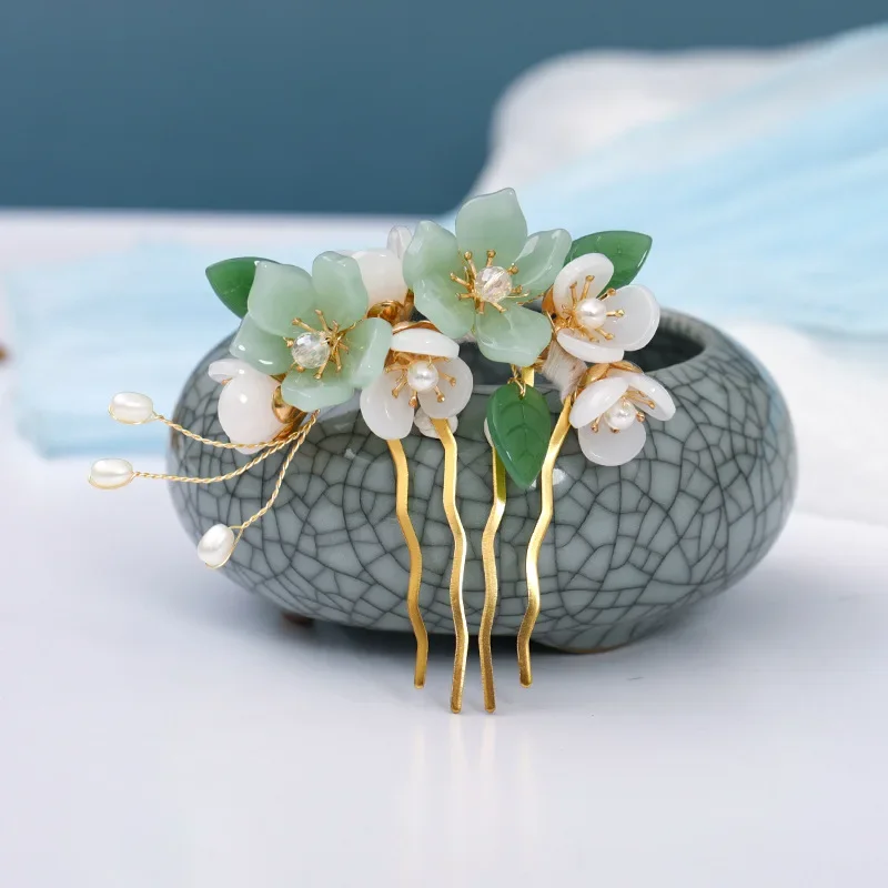 Luxury Crystal Pearl Hair Comb Clip Hairpin For Women Rhinestone Leaf Flower Hair Clip Pin Band Hanfu Chinese Style Hairpin Comb