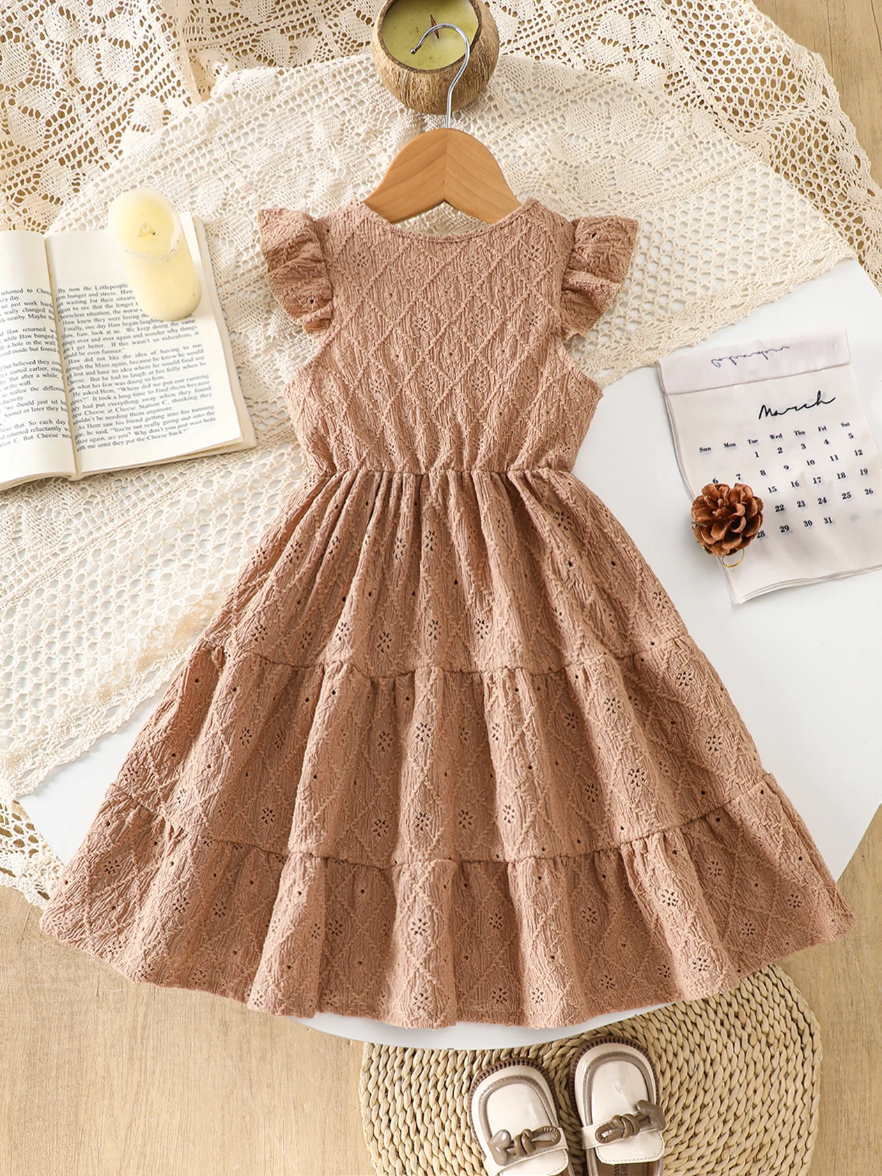 Girls' Spring and Summer Casual Fashion Knit Jacquard Flutter Sleeve Sleeveless Round Neck Hem Patchwork Front Bow Dress Bohemian Beach Vacation Party Gift