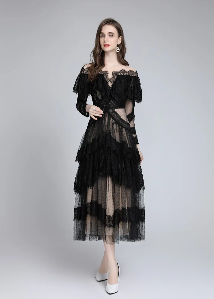 Women's Dresses Slash Neckline Long Sleeves Lace Patchwork Elegant Designer Vestidos Prom S-4XL