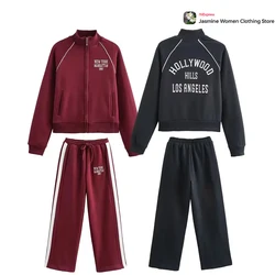 Women Casual 2 Colors Combi-Pants Set Embroidered Text Co-Ord Sets Plush Zip Sweatshirt Side Stripe Pants 2-Piece Sets Outifits