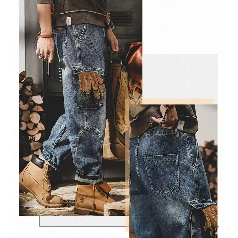 Herenmode multi-zakken ontwerp cargobroek Amerikaanse vintage wijde pijpen denim broek trend coole stijl streetwear jeans mannelijk