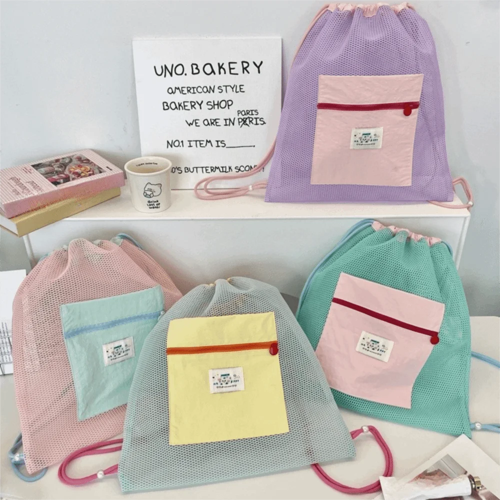 Durable Foldable Mesh Drawstring Backpack Large Capacity Adjustable Straps Mesh Swimming Bag Cosmetic Bags Travel