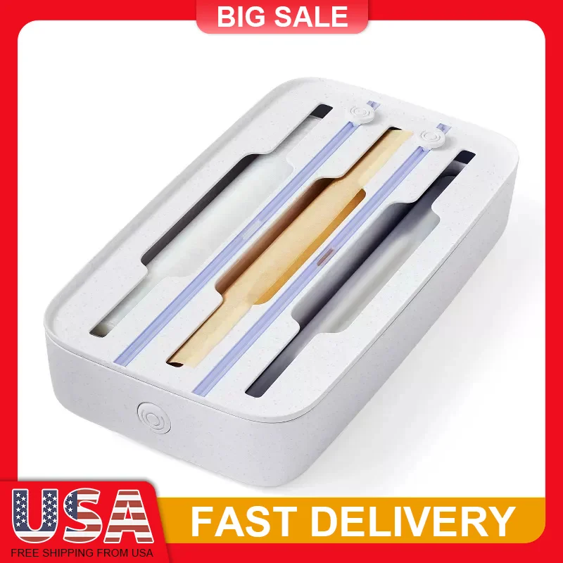 

3 in 1 Food Wrap Dispenser for Foil Plastic Wax Paper Organizer with Stainless Steel Cutter Drawer Storage ABS Plastic White