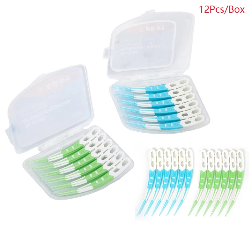 Interdental Silicone Toothpicks com Rosca, Escovas entre Dentes, Ferramentas De Limpeza Oral, 12Pcs por Caixa