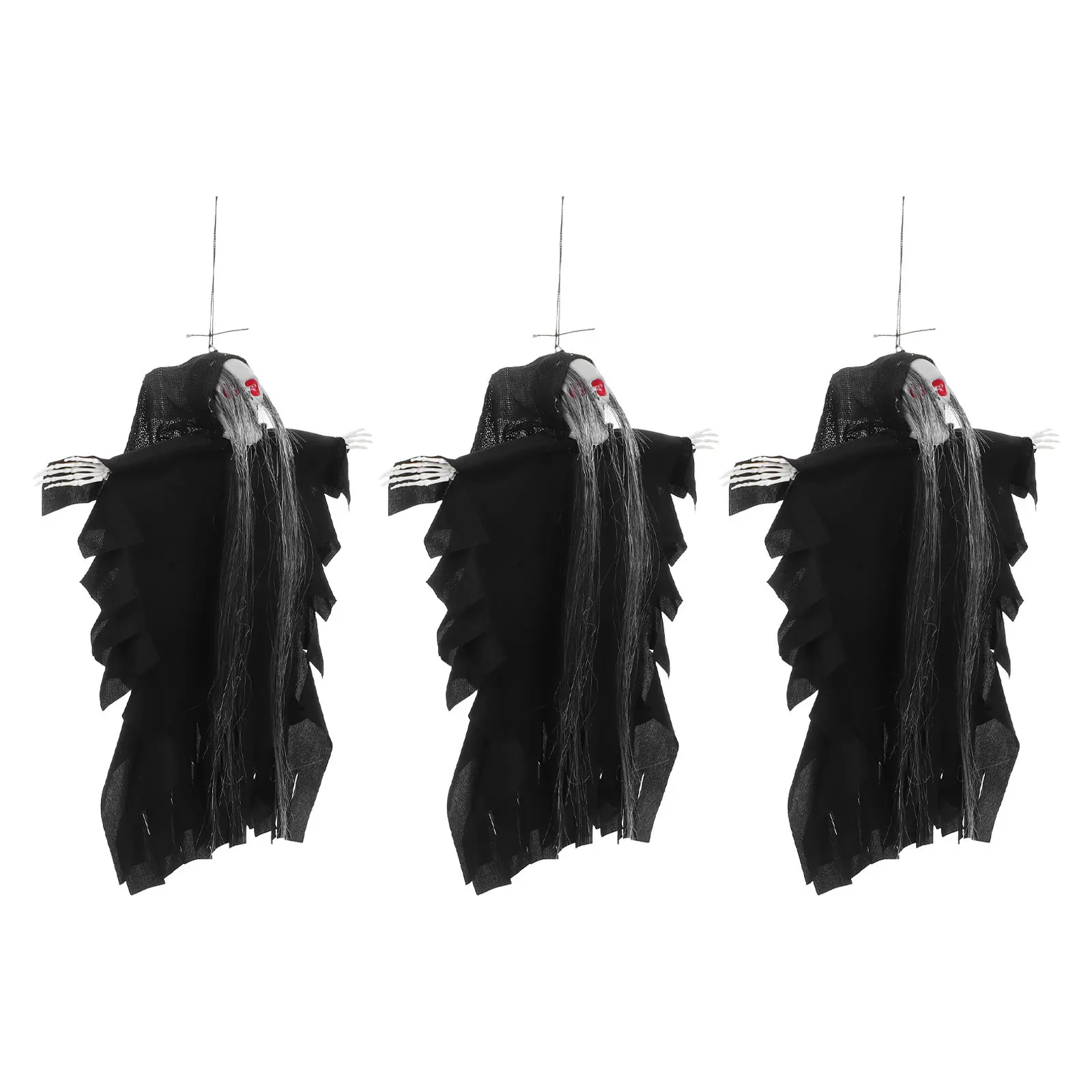 3Pcs Hanging Halloween Ghost Skull Long Hair Glowing LED Eyes Voice Responsive Spooky Decor for Outdoor Indoor Haunted