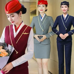 IZICFLY New Autumn Spring Airline Stewardess Uniform Business Suits With Pant Elegant Slim Office Blazer Set For Women Work Wear