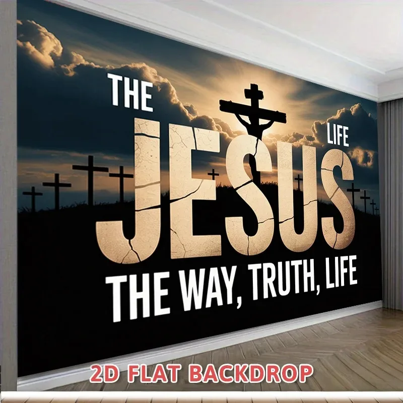 

Jesus The Way The Truth The Life Tapestry 2D Flat Printed Peach Skin Cross Wall Hanging For Church Home Prayer Room Decor