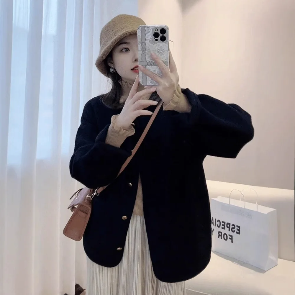 

French Style Autumn Winter New Fashion Women's Solid Color O-neck Single-breasted Casual Trendy Wool Jackets Female Clothes Coat