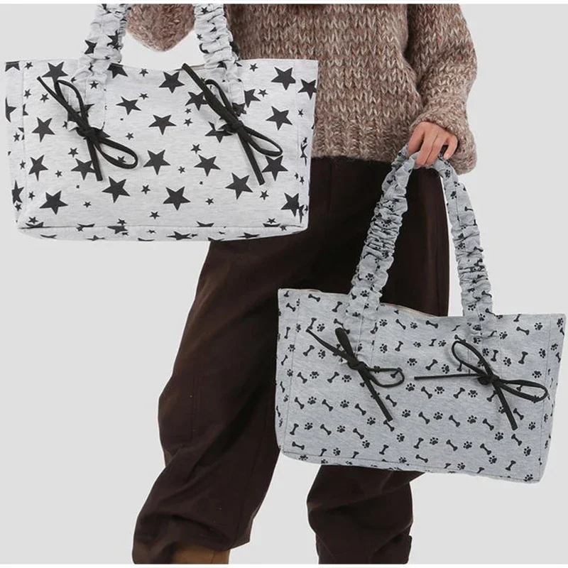 Schultertasche mit Polka-Dot-Schleife und Sternstreifen-Dekor, minimalistische, frische, lässige Nischen-Tragetasche, große Pendler-Handtasche für Damen – Detail 15