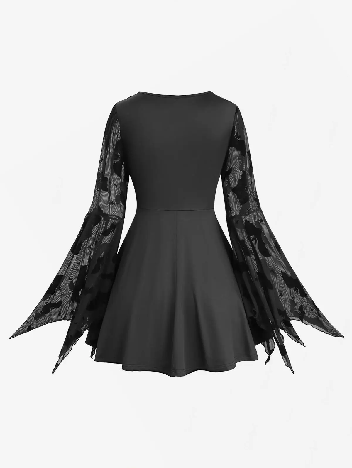 ROSEGAL-Plus Size Women\'s Blouse Bat Mesh Flocking Asymmetric Flare Sleeves Ruched 2 in 1 Belted Top Black New Casual Customs