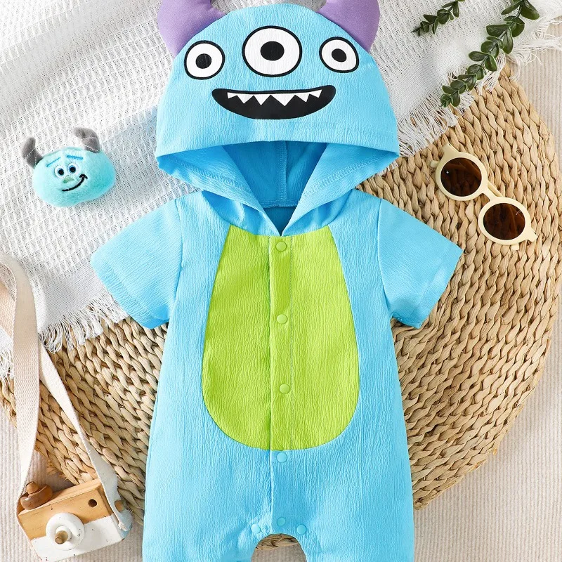 Newborn Baby Blue Monster Romper Short Sleeve Hooded Bodysuit Costume Jumpsuit Onesie Toddler Summer Playsuit