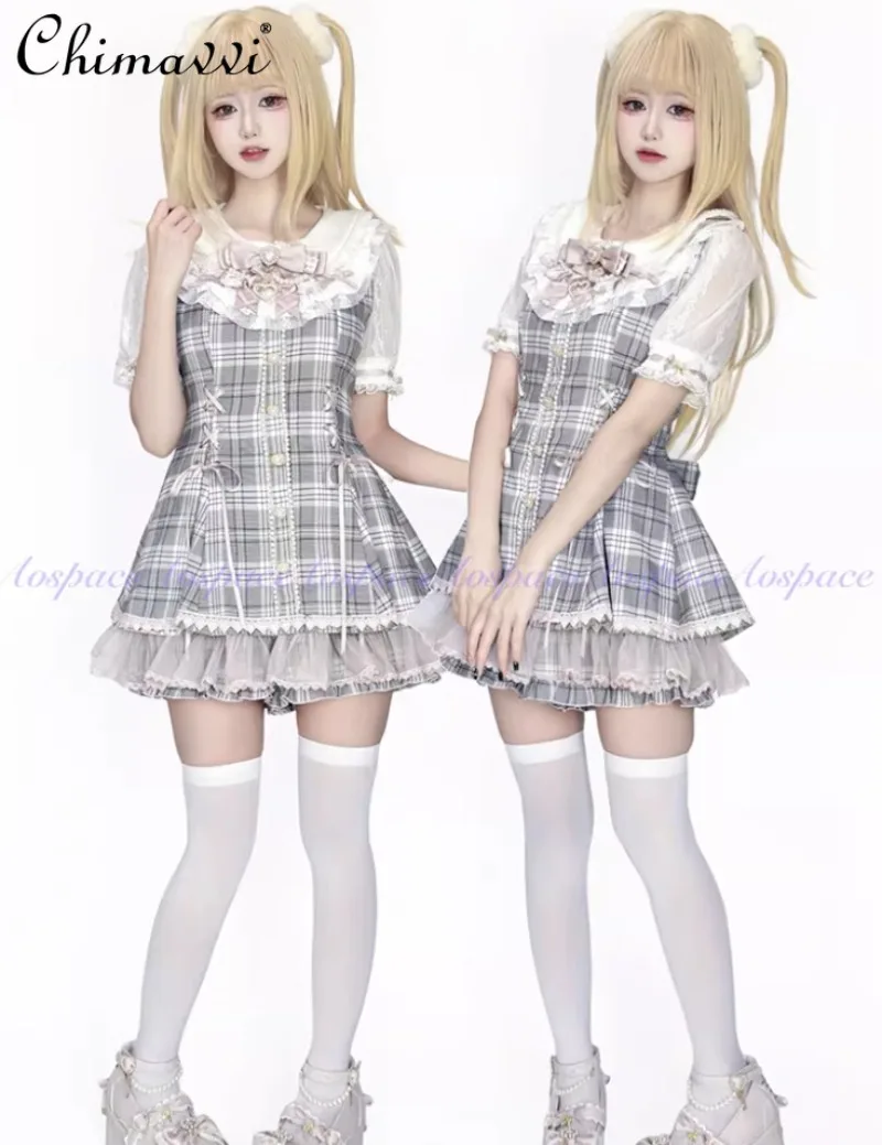 

Original Japanese Lolita Sets 2026 Spring Summer Cute Bow Tie Lace Pearl Collar Slim Short-sleeve Top Shorts Women 2piece Set
