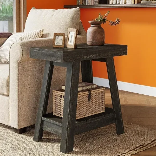 

2-Tier Wooden End Table, Farmhouse Small Sofa Side Table with Storage, Slim Narrow Nightstand for Living Room