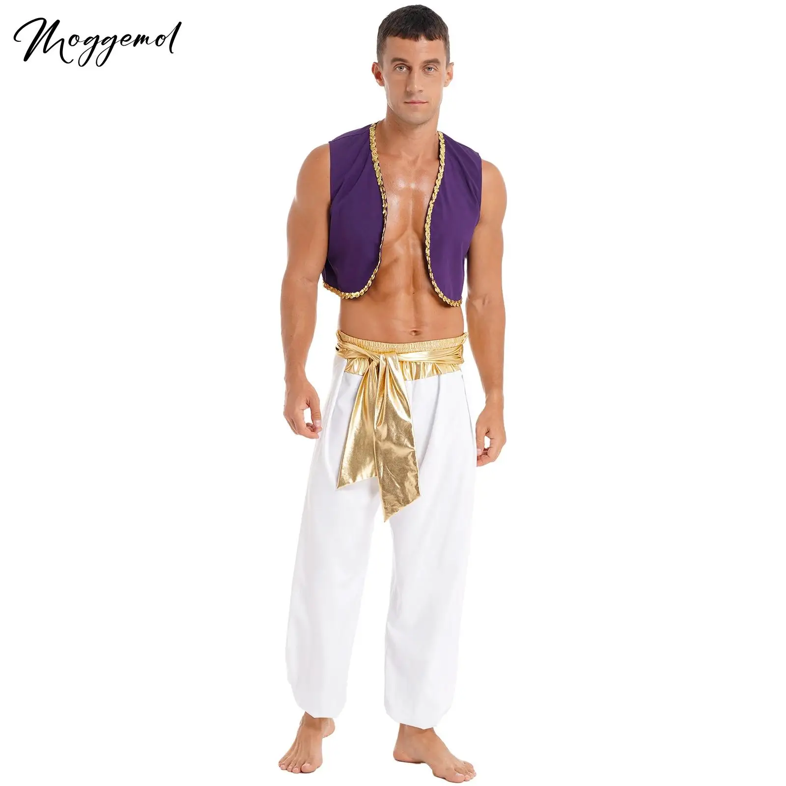 

Mens Aladin Costume Arabian Prince Cosplay Dress Up Vest Waistcoat Harem Pants Suit Halloween Party Carnival Stage Performance