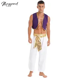 Mens Aladin Costume Arabian Prince Cosplay Dress Up Vest Waistcoat Harem Pants Suit Halloween Party Carnival Stage Performance