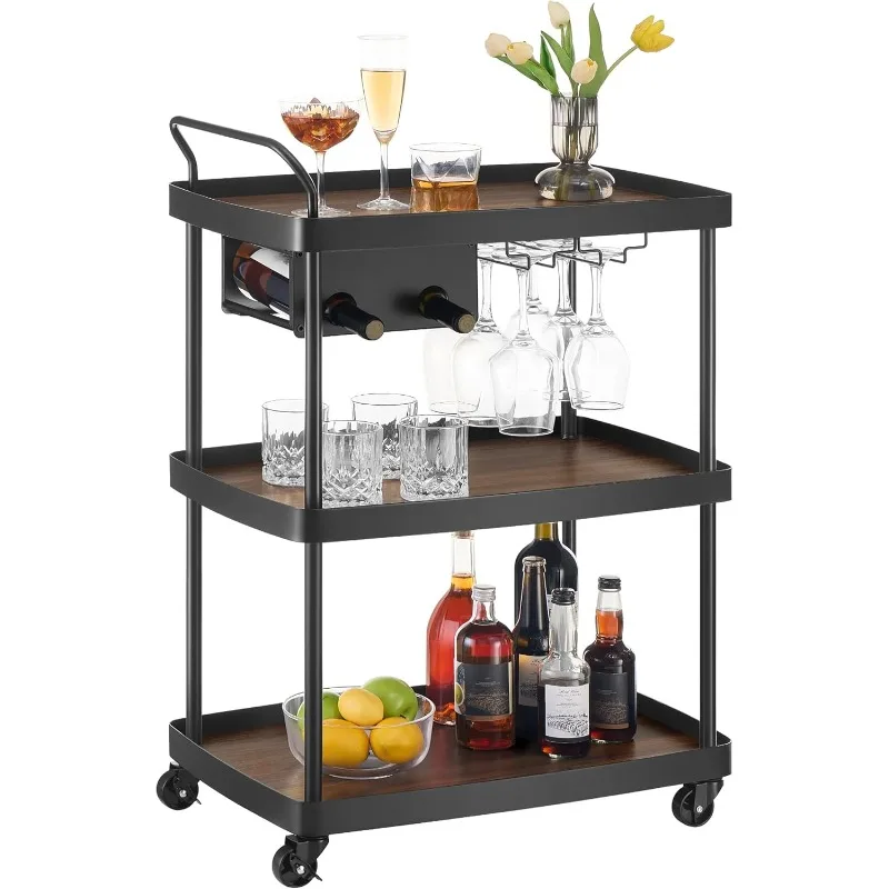 

HOME Bar Cart, Home Bar Serving Cart with 3-Tier Shelf, Flexible Wine Bottle Rack and Glass Holder, Drink Beverage Cart