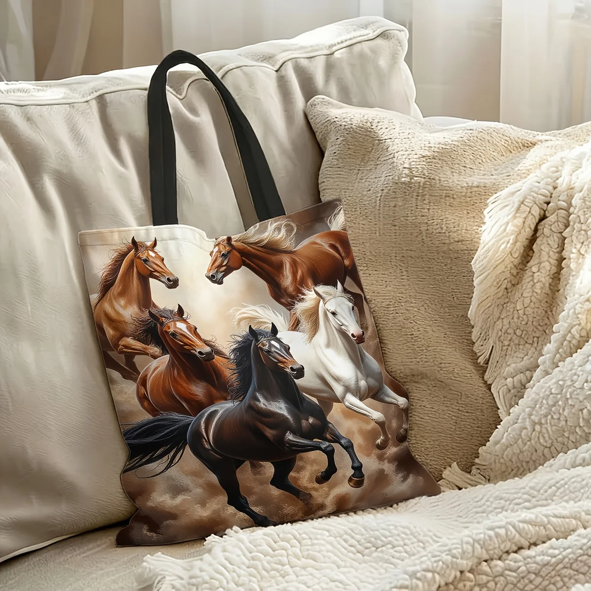 1pc Printed Tote Bag Realistic Galloping Multi-Colored Horses Print Large Capacity Suitable for Travel Accessory Daily Use