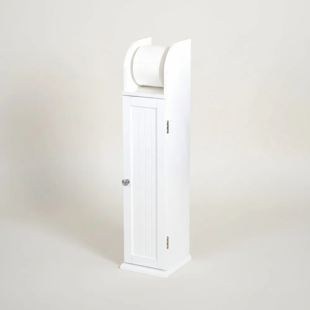 

Slim Bathroom Cabinet with Toilet Paper Holder, Modern Freestanding Storage for Small Spaces, White