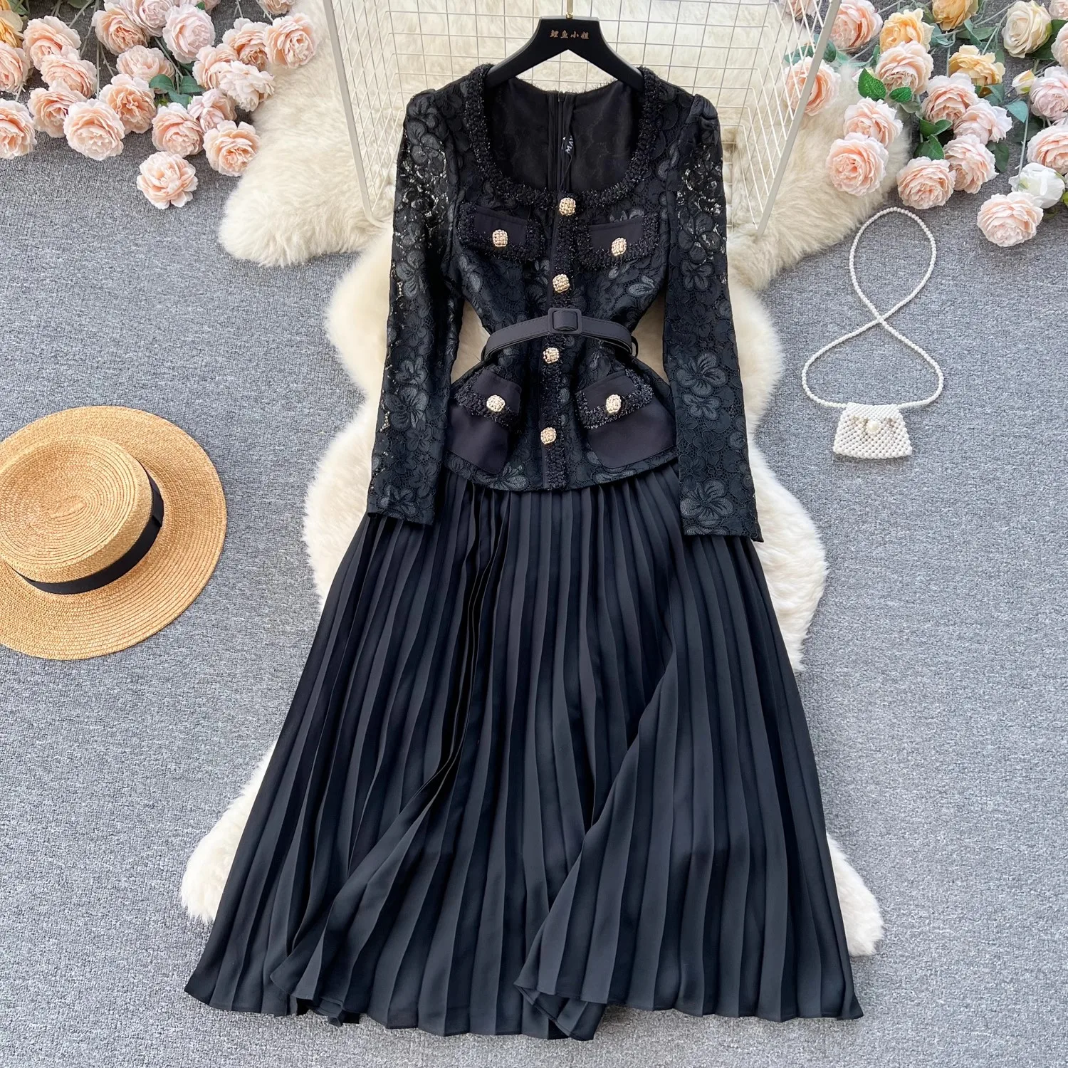 Elegant Autumn Spring Lace Patchwork Chiffon Midi Dress New Women Square Collar Hollow Out Flower Black Belt Pleated Party Dress