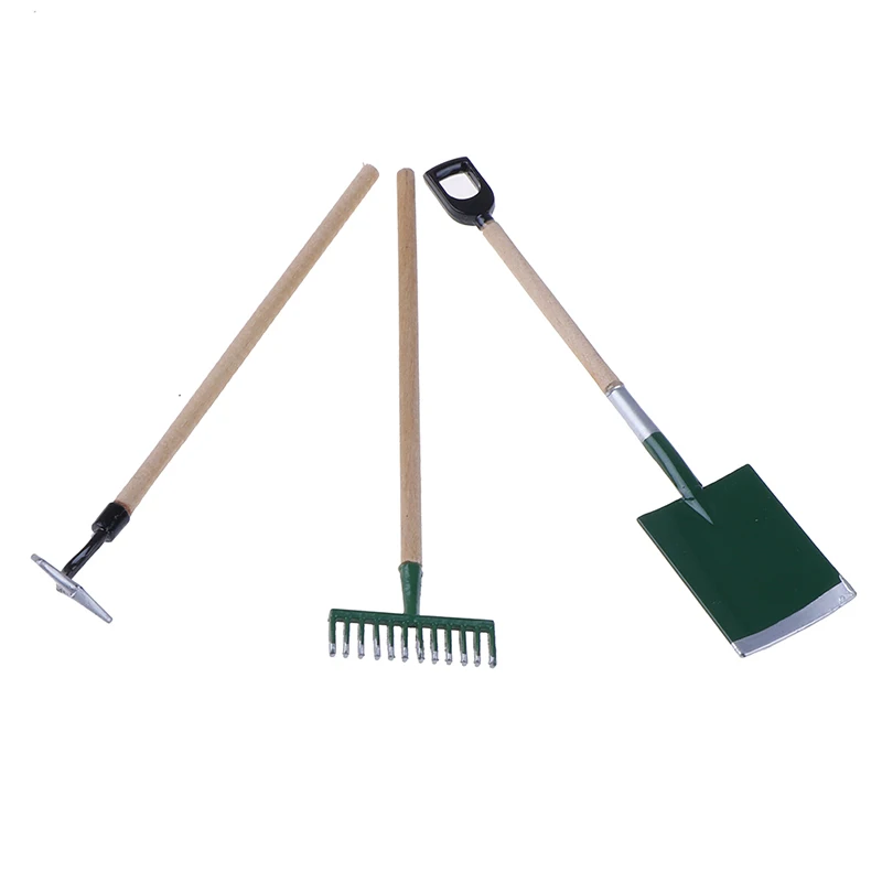 3psc/conjunto de ferramentas de ancinho de pá de jardim de metal para acessórios em miniatura de casa de bonecas