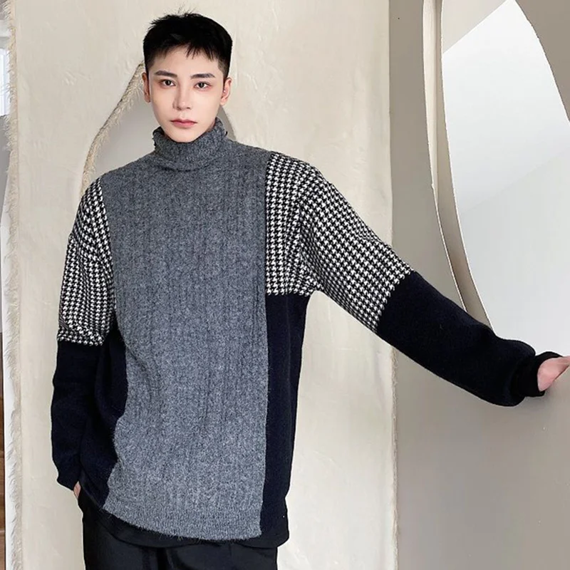 Fashion Menswear Thickened Plaid Color Block Patchwork Chic Sweater New Loose Warm Autumn Winter Knitting Pullovers