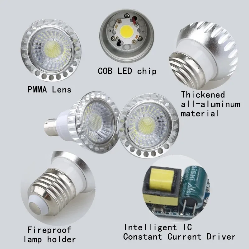 Imagem -02 - Cob de Alta Potência Led Cob Spotlight Lâmpada de Bulbo Branco Frio Quente gu 5.3 110v 220v Mr16 E27 E12 E14 Gu10 Cob 5w Novo