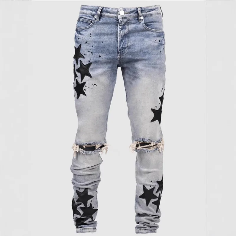 

Men Jeans Fashion Slim Fit Pencil Pant Solid Ripped Hole Europe America Denim Zipper Fly Printing Stonewashed Strech Trousers