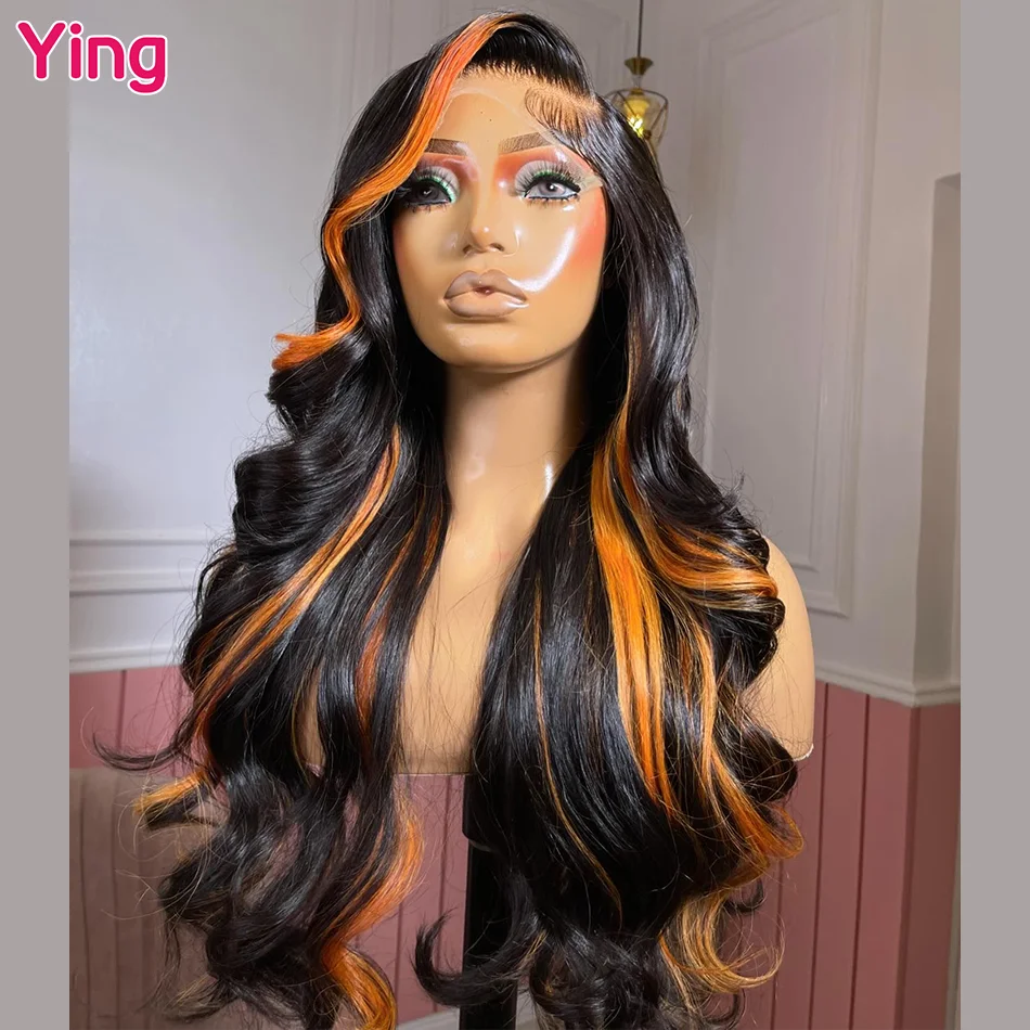 Orange Highlight 200% Ready Go Body Wave 13x4 13x6 Lace Frontal Human Hair Wig PrePlucked Brazilian 32 34Inch Lace Front Wig