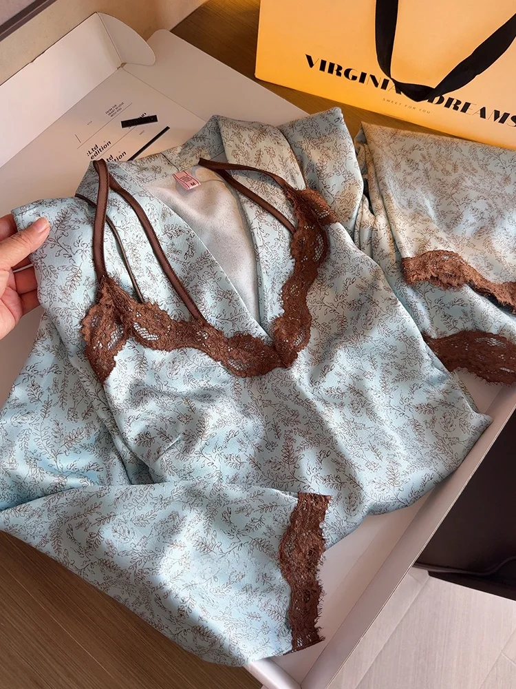 retro-floral-ice-silk-three-piece-set-luxury-quality-women's-sleepwear-friend-gift-box-home-clothes-spring-summer-autumn-winter