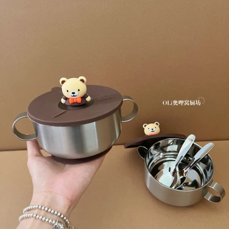 

LH stainless steel bowl binaural eating suction cup anti-drop soup bowl with lid