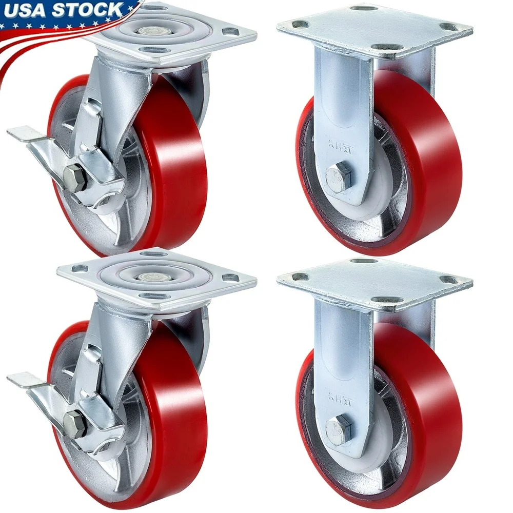 

4 Pack 6 Inch Heavy Duty Caster Wheels 2 Rigid 2 Swivel Side Brake Polyurethane Iron Core 1000LBS Load Capacity