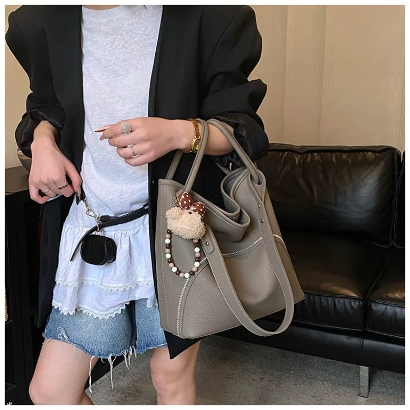 2026 New CEEKAY Textured Tote Bag, Adjustable Strap Handbag with Cute Bear Pendant, Daily Casual Purse Everyday Purse for Women