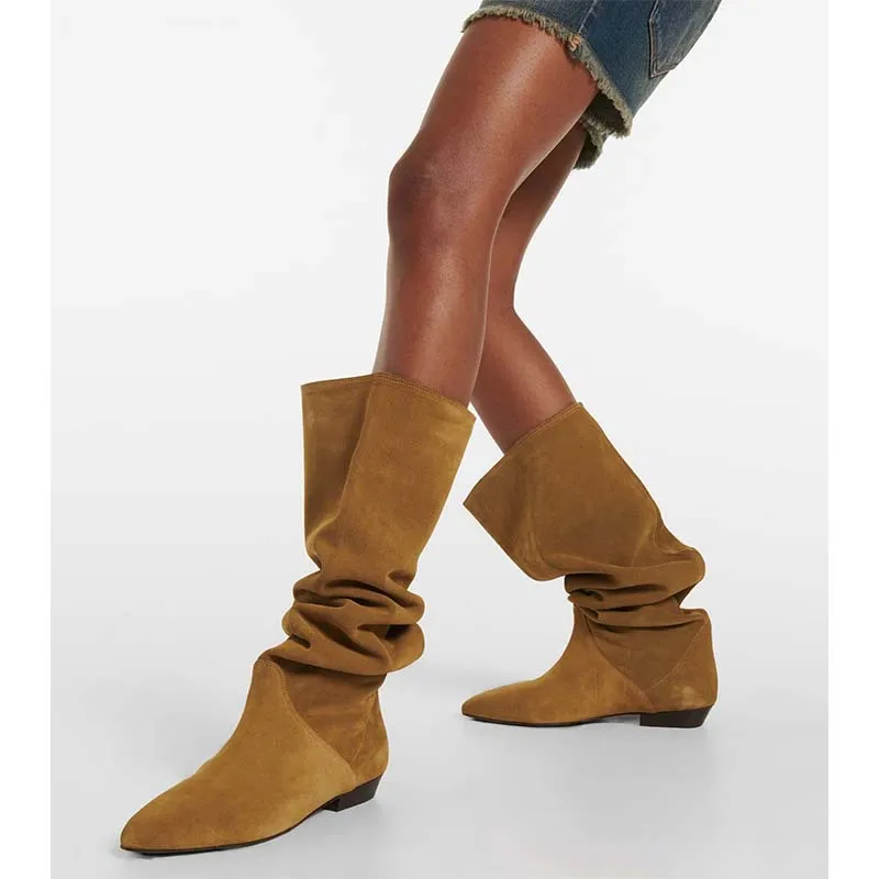 

Low Heeled Suede Leather Slouch Knee Lengh Boots Women Pointed Toe Slip On Pointy Long Boot