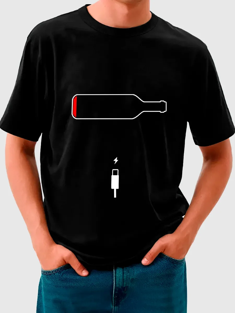 تي شيرت قطني من Wine Humor - تي شيرت برسومات شحن زجاجة النبيذ المضحكة - قميص أسود أنيق لعشاق الكحول وعشاق الفكاهة