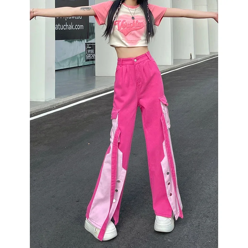 HarajukuVintage pembe fermuar yüksek bel düz kot Patchwork pantolon kadın Casual Baggy Y2K geniş bacak Grunge Denim pantolon