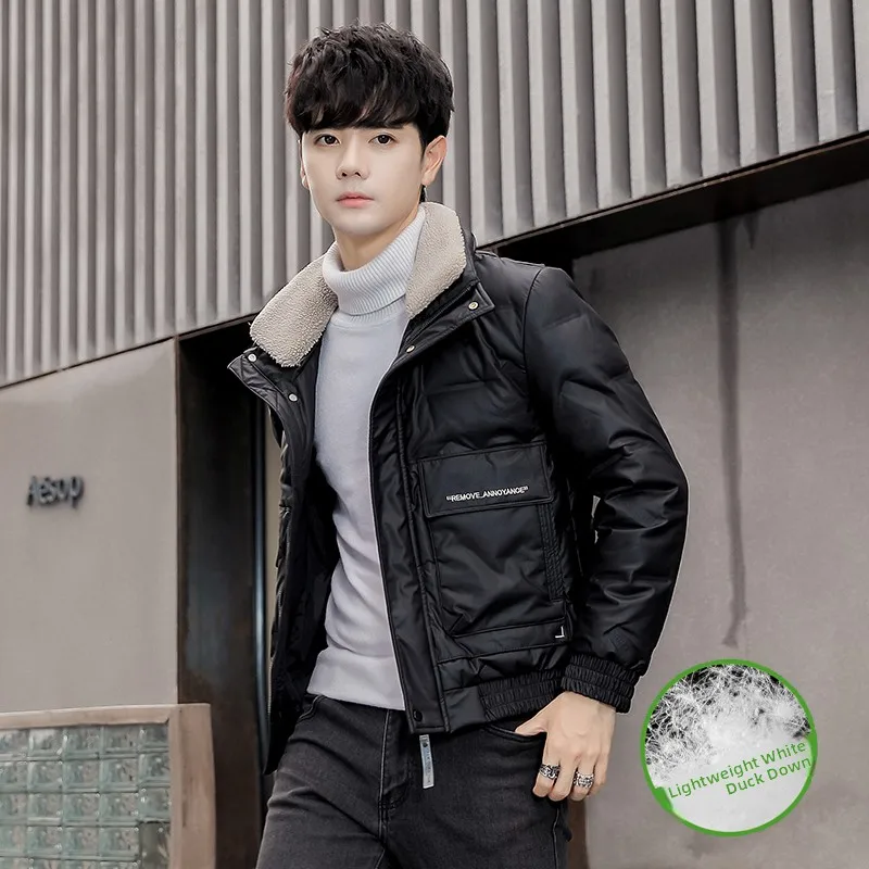 

Молодежная утепленная белая пуховая куртка с воротником-стойкой, приталенная, мужская зимняя куртка с меховым воротником, из полиэстера