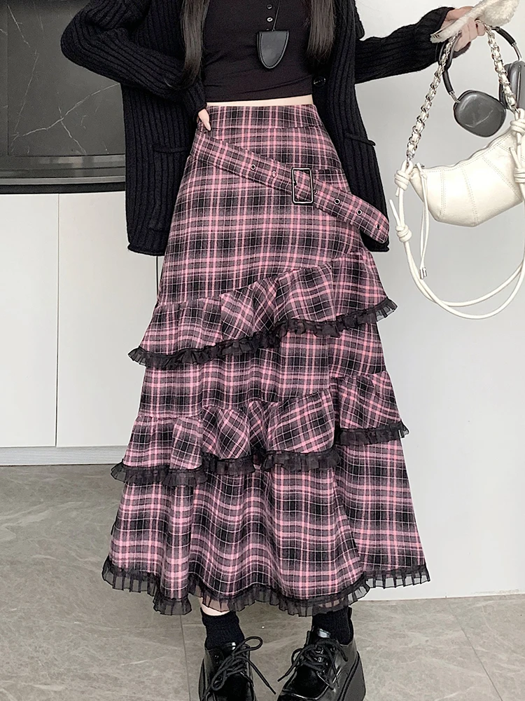 

Black Lace Patchwork Plaid Skirts Women 2024 New Elastic Waist A-Line Purple Skirts Korean Fashion Casual Midi Saias Mujer