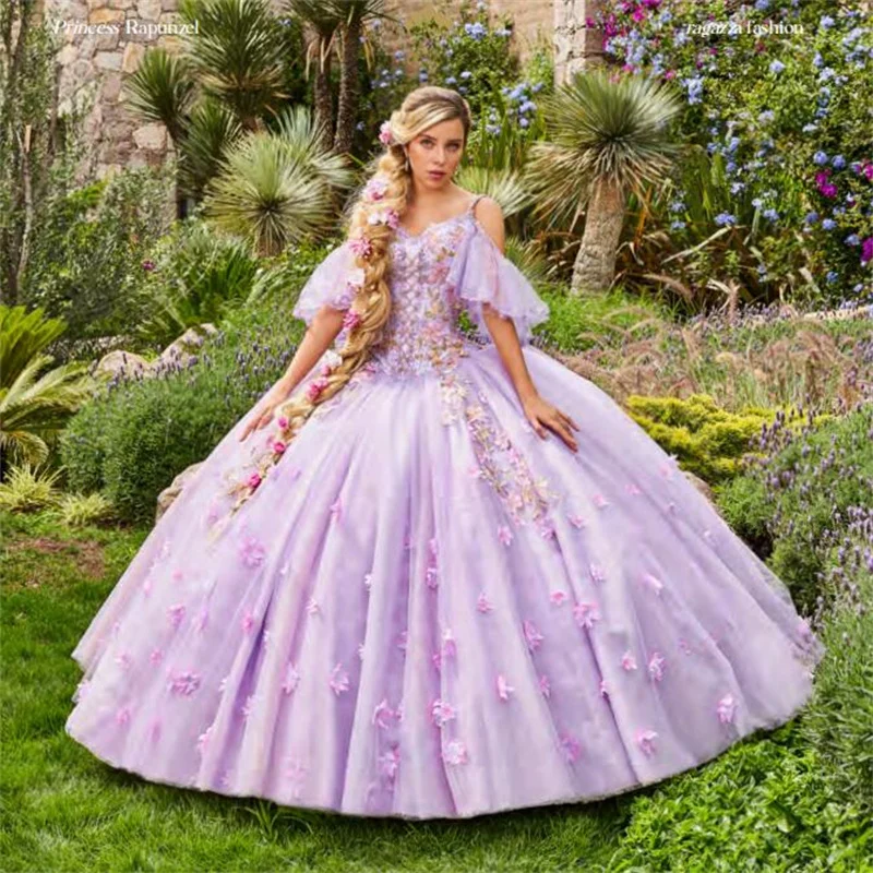 Lilás quinceanera vestidos de baile vestido de espaguete cintas tule flores pérolas mexicano doce 16 vestidos 15 anos