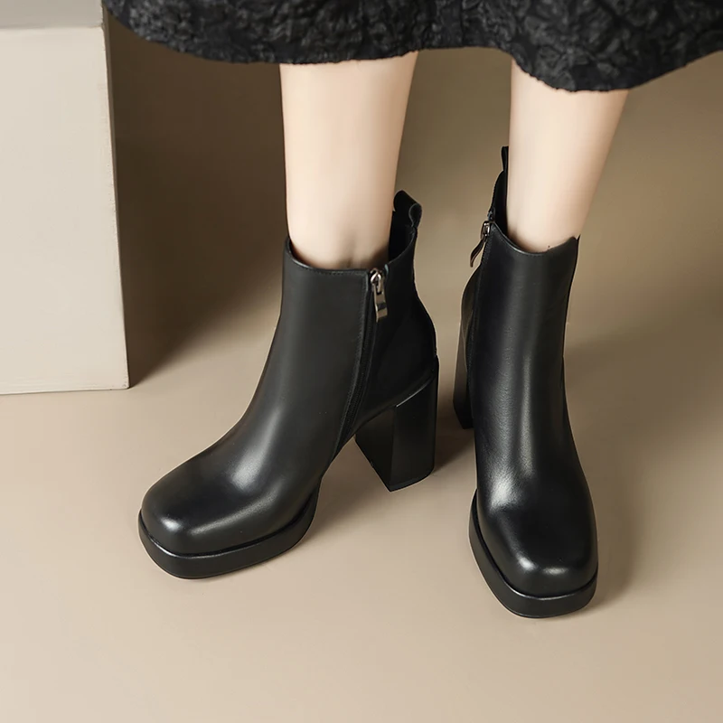 

Genuine Leather 2024 New Ankle Boots Women Quality Platform Boots Female Fashion Short Boot Black Chunky High Heels Women Shoes