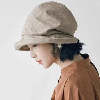 일본 코튼 리넨 플리츠 여성 어부 모자, 작은 챙, 자외선 차단 통기성 리넨 대야 모자, 머리 감싸기, 여름