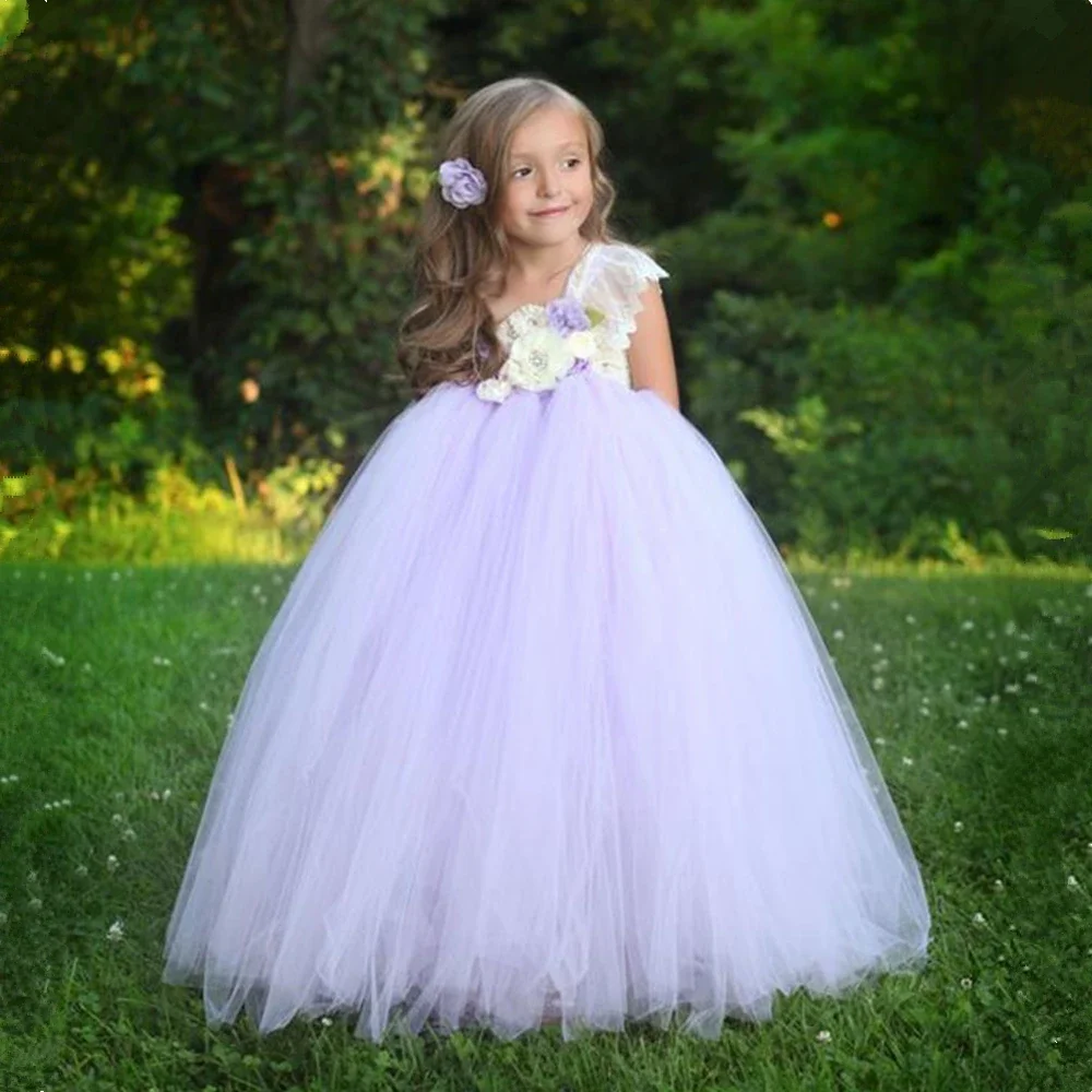 Beige, Lilac, Blush Pink Flower Girl Tutu Dress One Shoulder Lace Princess Ball Gown Dress for Girls Kids Party Wedding Dresses