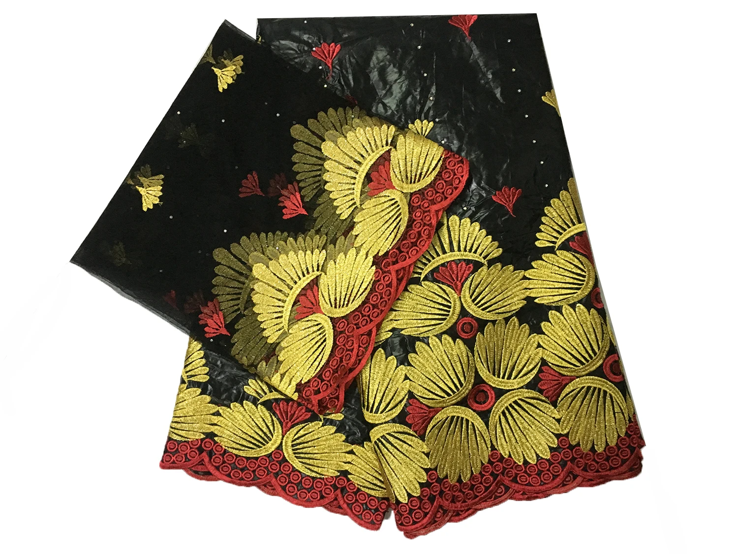 Afrikanischer traditioneller Kleidungsstoff Bazin mit exquisiter Stickerei und Strass-Akzenten, 5 Yards Hauptstoff + 2 Yards Besatzstoff
